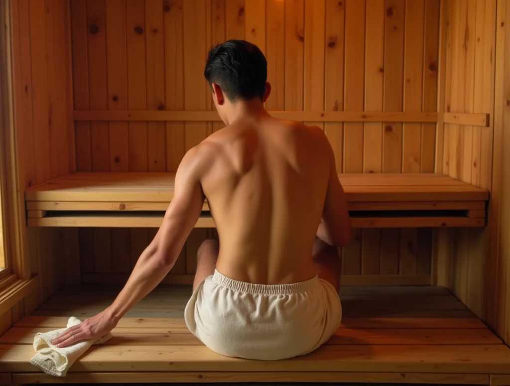 Photo d'un homme dans un sauna qui frotte le bois avec un chiffon