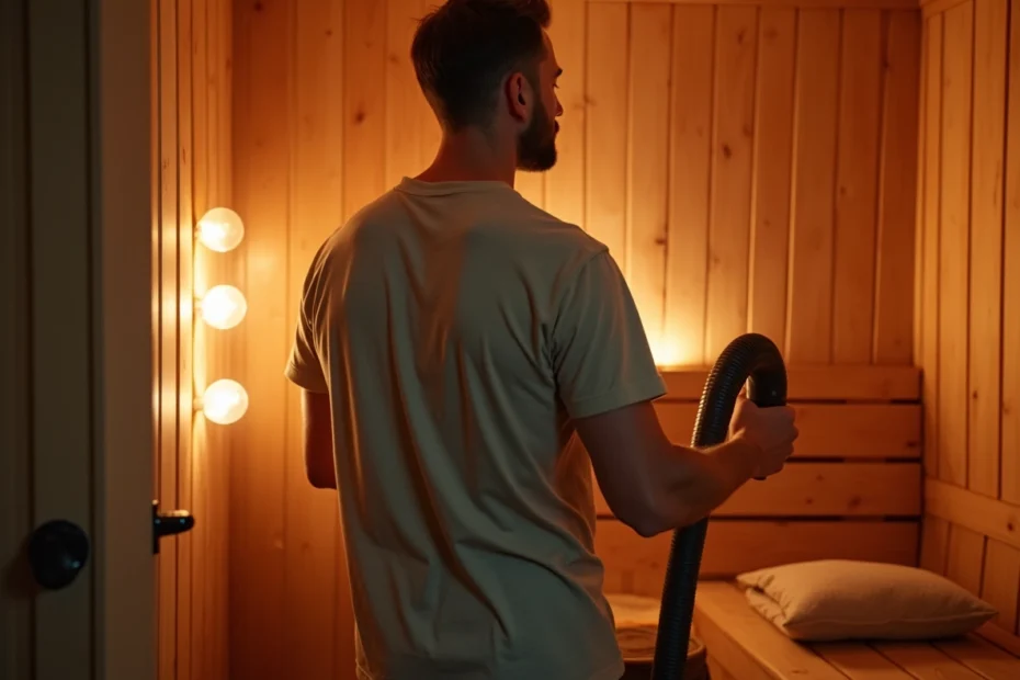 Homme qui passe l'aspirateur dans son sauna