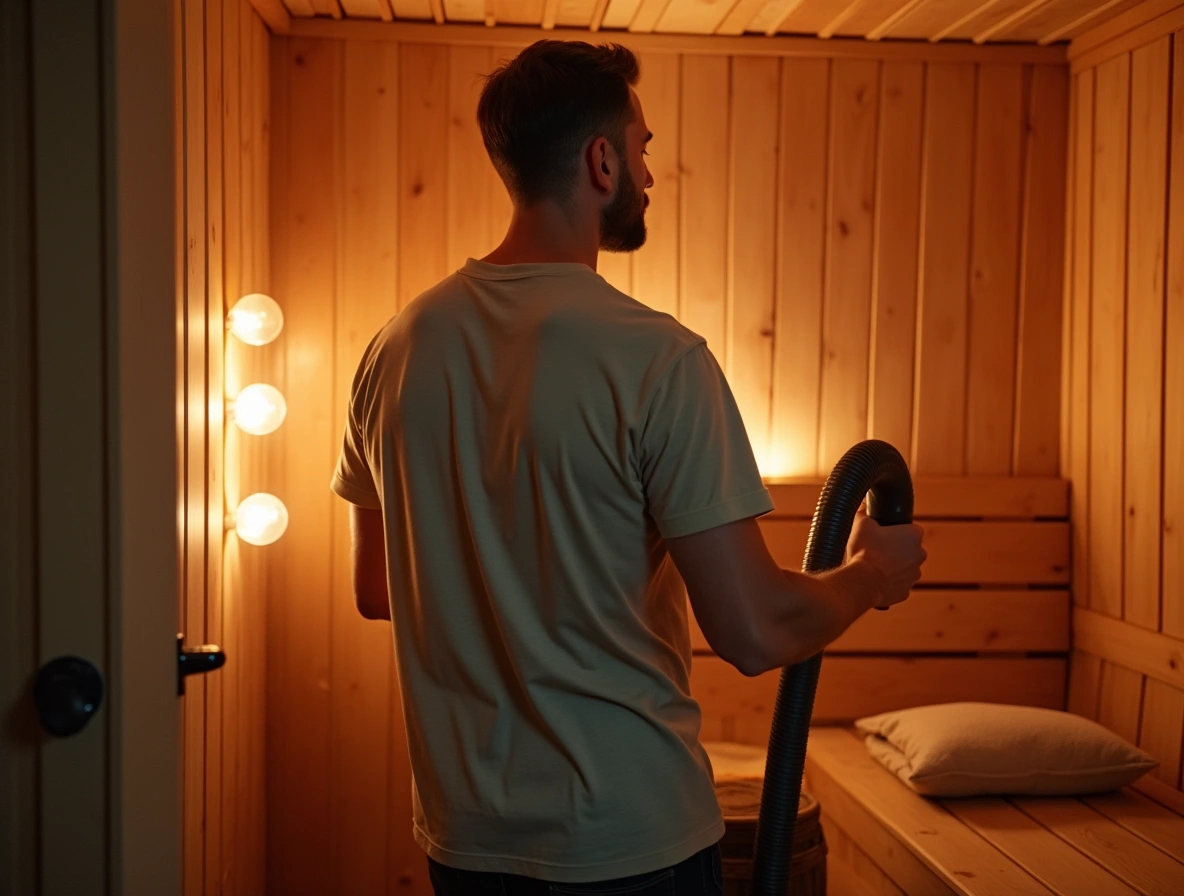 Homme qui passe l'aspirateur dans son sauna
