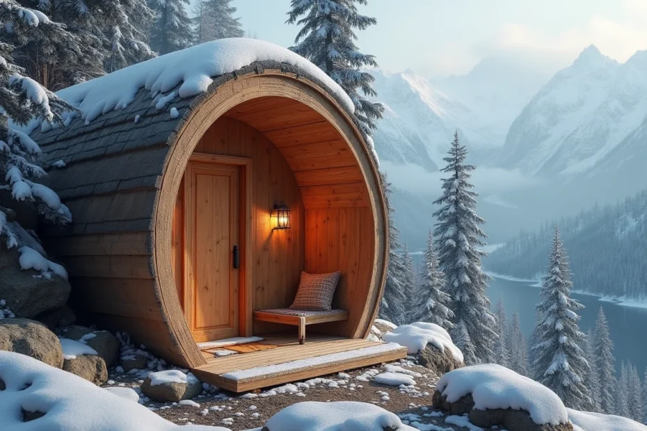 Dessin d'un sauna traditionnel en extérieur sous la neige dans les montagnes
