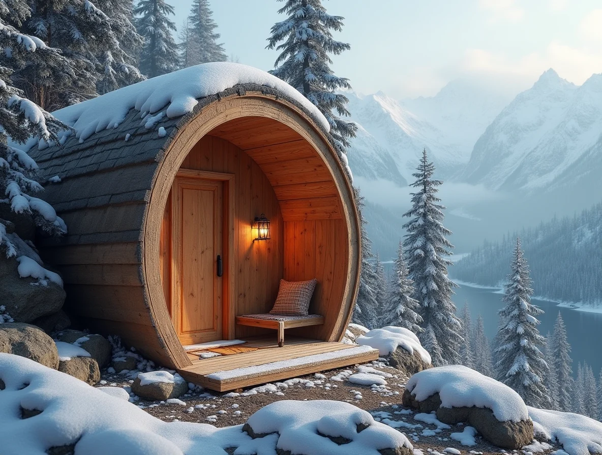 Dessin d'un sauna traditionnel en extérieur sous la neige dans les montagnes